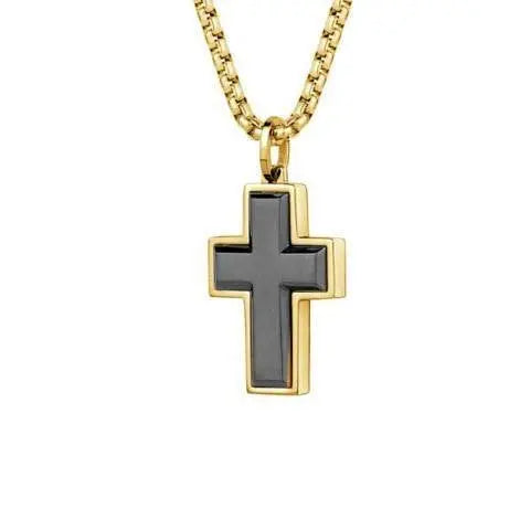 Black and Gold Ion Plated Cross and Chain Italgem