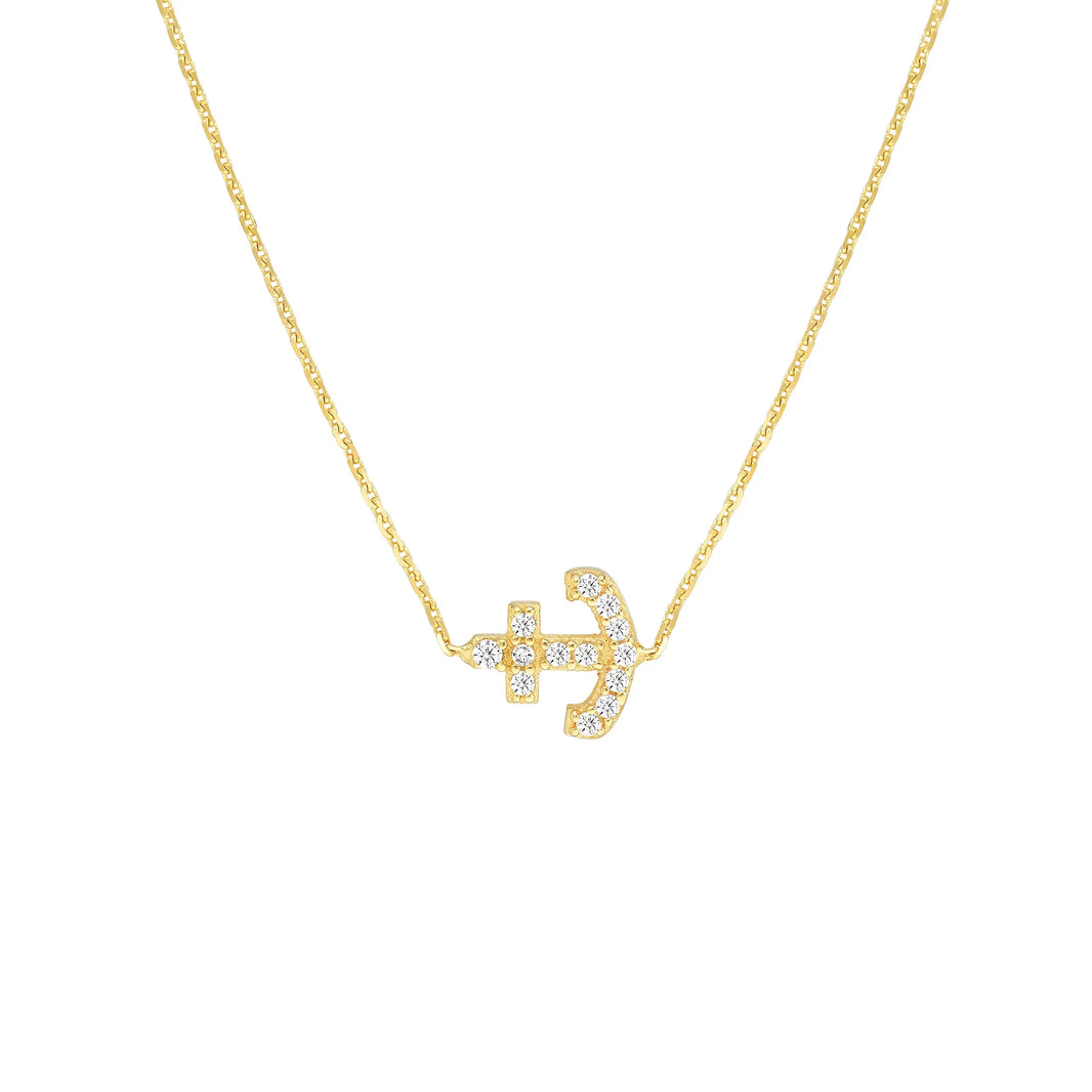 Sideways Mini CZ Anchor Necklace Midas