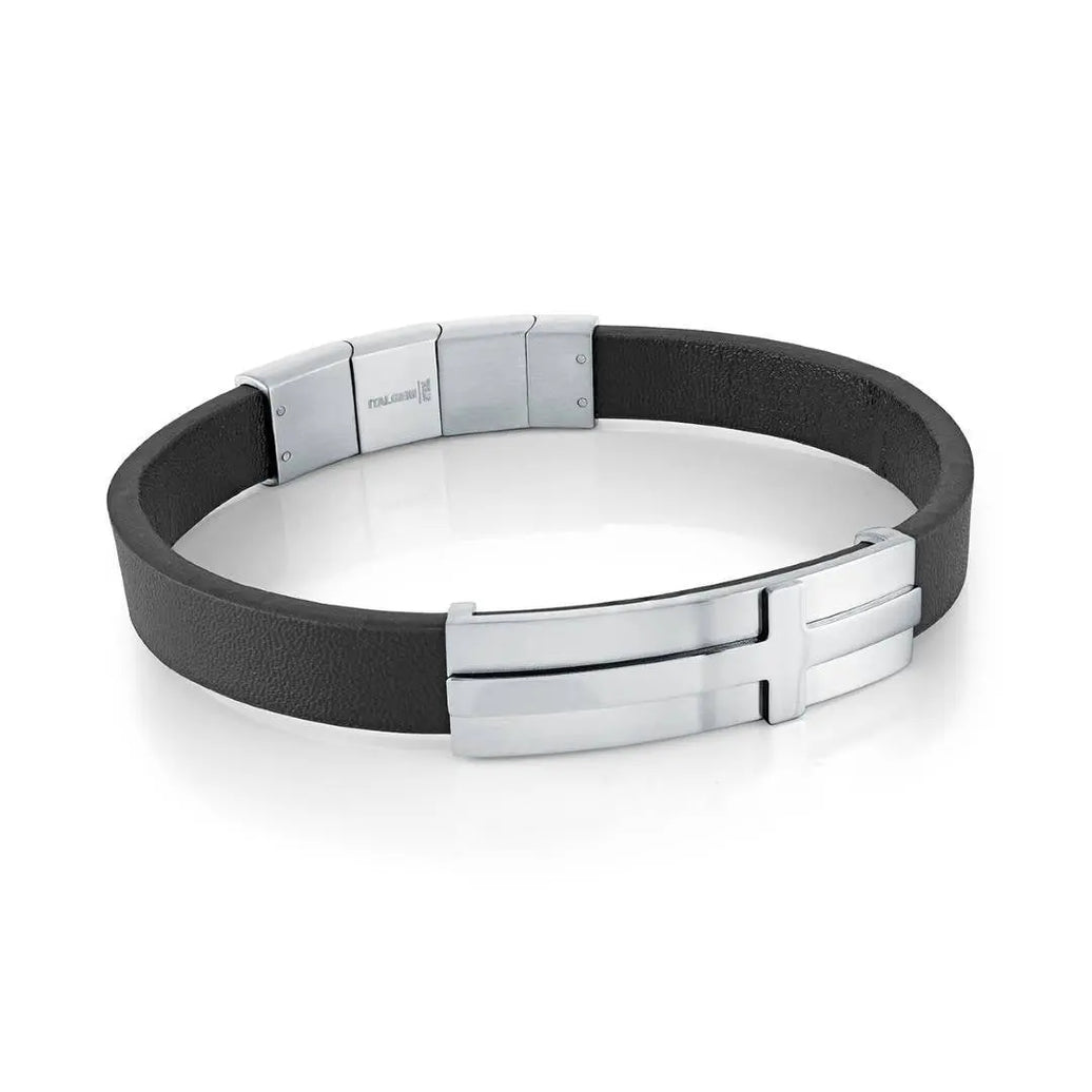 Stainless Steel and Leather Cross Bracelet Italgem